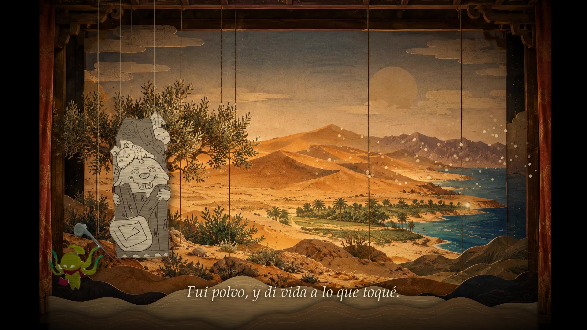 The paper stage of Orígenes: an olive tree, Saharan dunes and the sea, with golden dust travelling
